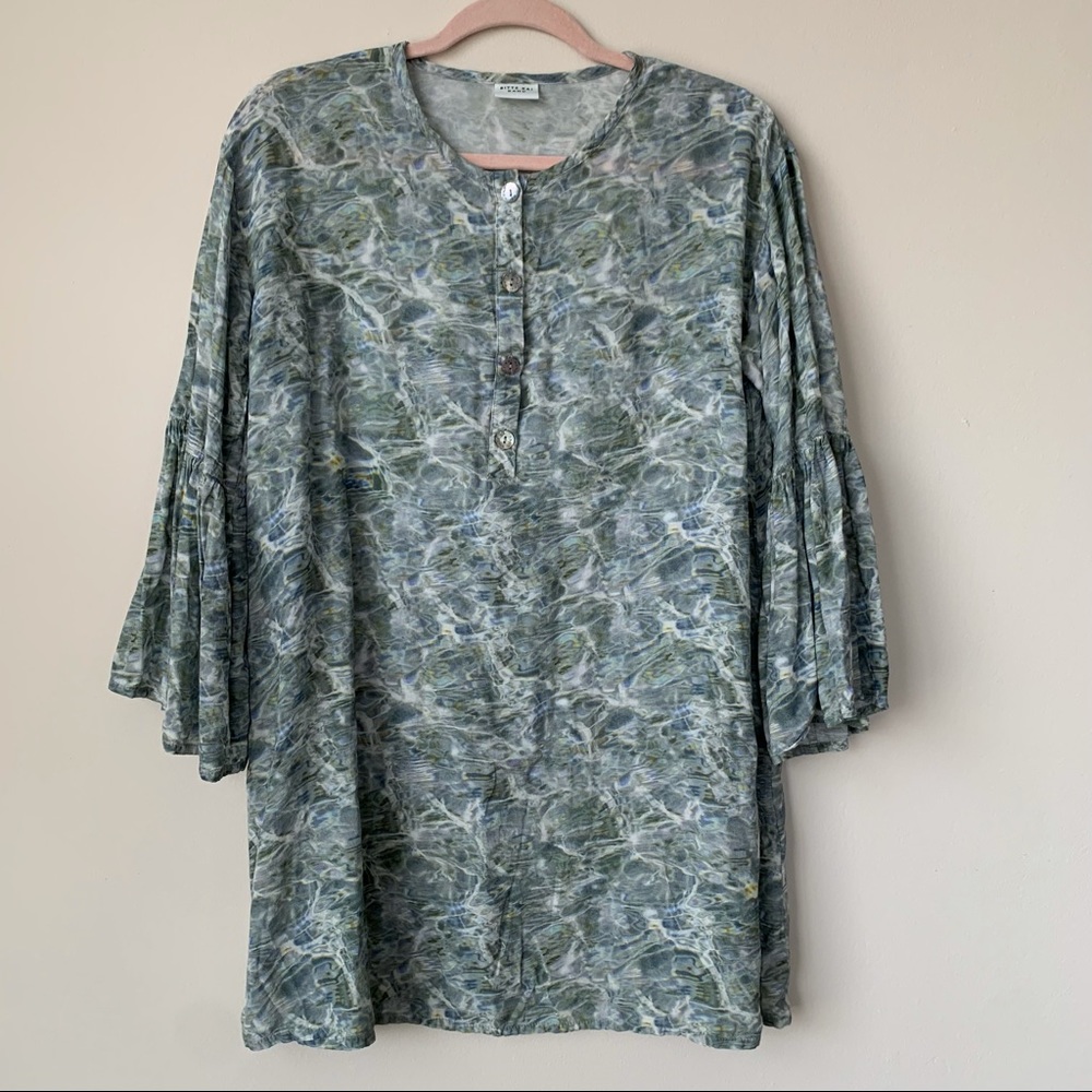 Bitte Kai Rand Tunic Popover Bell Sleeves Size Small Watercolor Print Blue Green